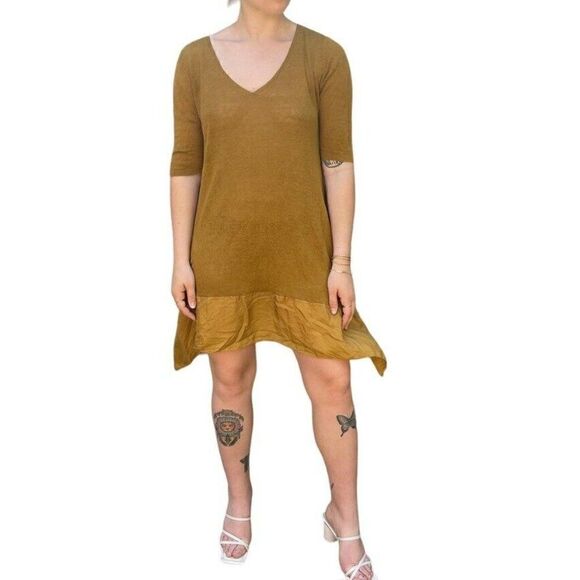 Eileen Fisher Womens Mustard Yellow Knit Linen Silk V neck Mini Dress Sz M - Picture 1 of 6